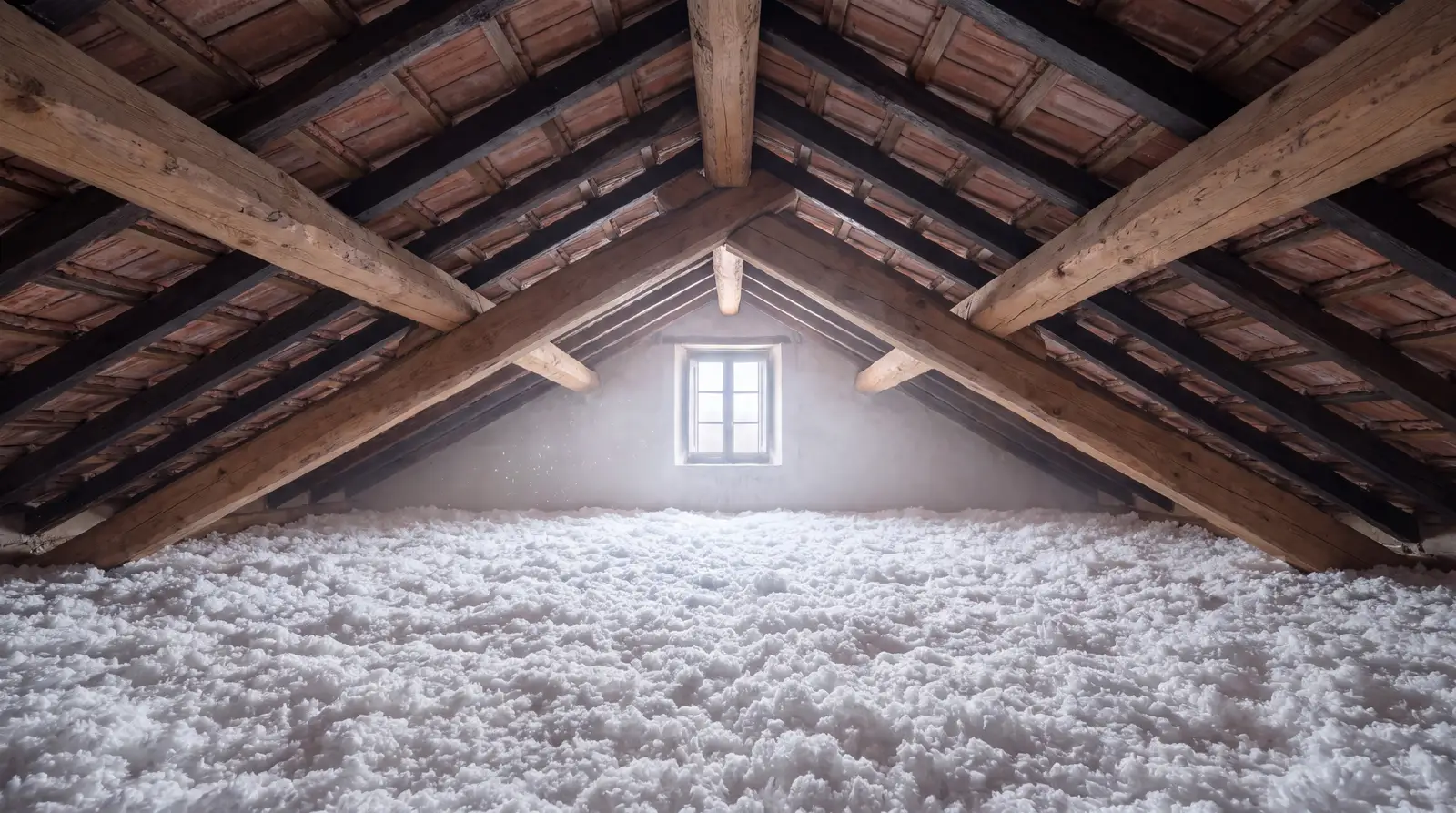 Una buhardilla con vigas de madera y una ventana al fondo; el suelo está cubierto por una capa blanca y mullida de aislante